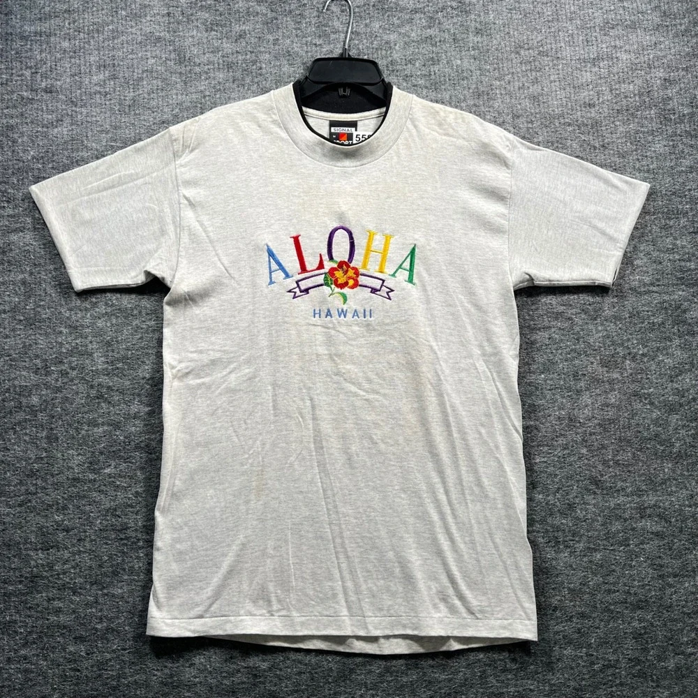 Vintage Signal Sport Aloha Hawaii Embroidered T-Shirt Grey Mens Medium